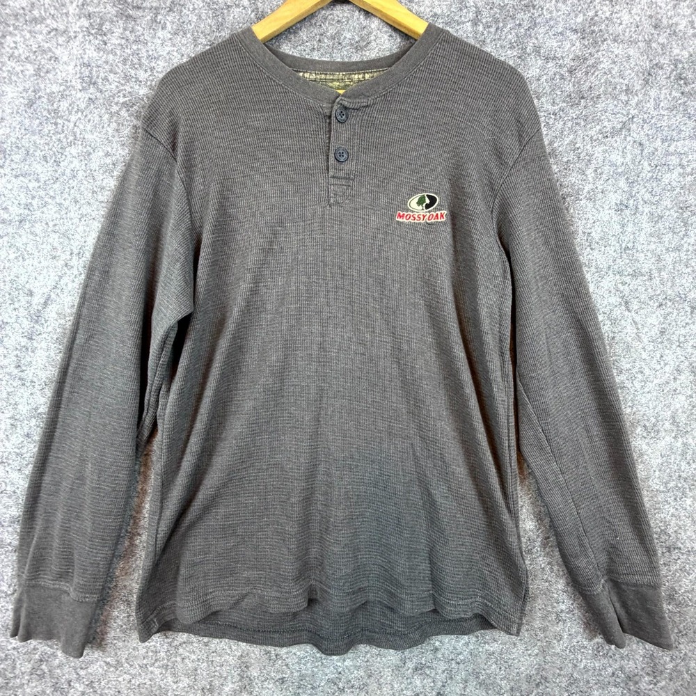 Mossy Oak Thermal Shirt Mens Large Gray Cotton Logo Knit Henley Neck Long Sleeve